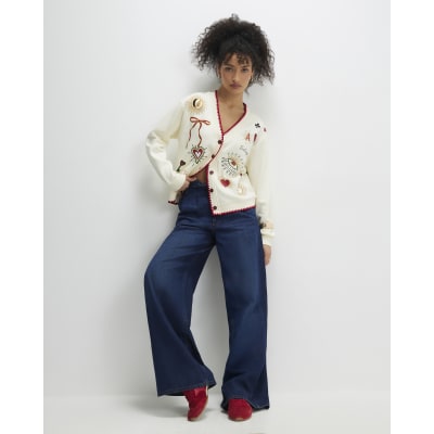 Cream Long Sleeve Embroidered Sweat Cardigan