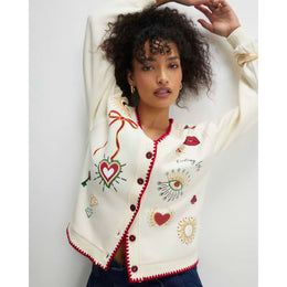 Cream Long Sleeve Embroidered Sweat Cardigan
