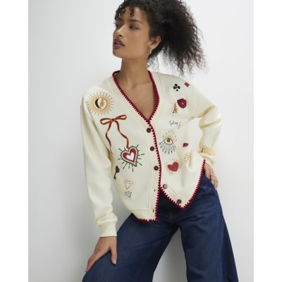 Cream Long Sleeve Embroidered Sweat Cardigan