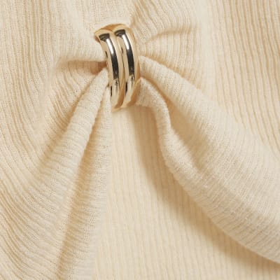 Cream Long Sleeve Gold Detail Roll Neck Top
