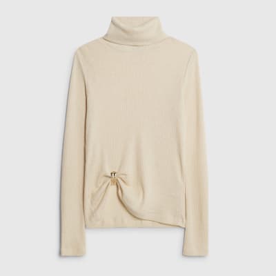 Cream Long Sleeve Gold Detail Roll Neck Top