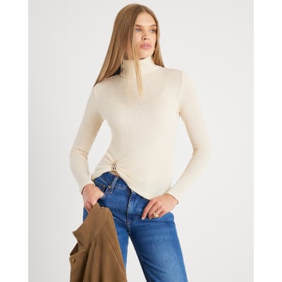 Cream Long Sleeve Gold Detail Roll Neck Top