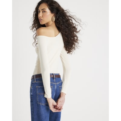 Cream Long sleeve gold Trim Drape Top