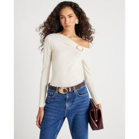 Cream Long sleeve gold Trim Drape Top