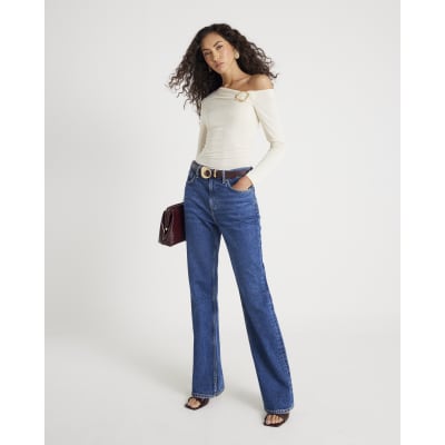 Cream Long sleeve gold Trim Drape Top