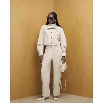 Cream Long Sleeve Herringbone Tie Neck Jacket