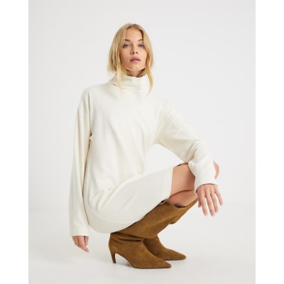 Cream Long Sleeve High Neck Mini Dress