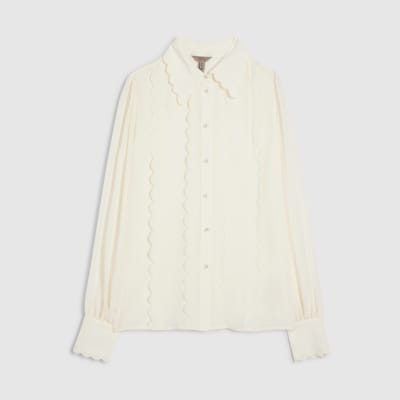 Cream Long Sleeve Scallop Trim Shirt