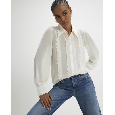 Cream Long Sleeve Scallop Trim Shirt