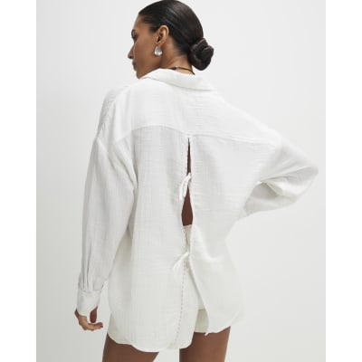 Cream Long Sleeve Tie Back Beach Shirt