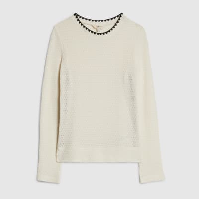 Cream Long Sleeve Whipstitch Trim Top