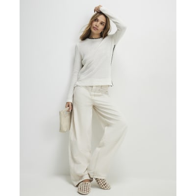 Cream Long Sleeve Whipstitch Trim Top