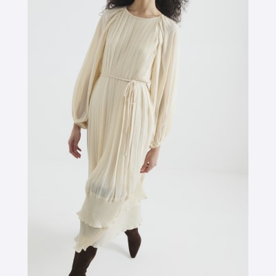 Cream Long Sleeved Pleated Midi Dress