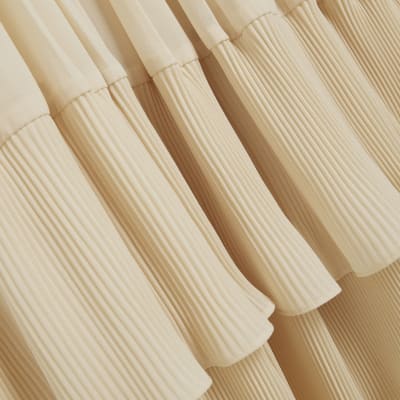 Cream Long Sleeved Pleated Midi Dress