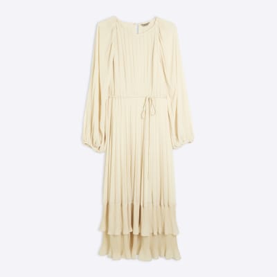 Cream Long Sleeved Pleated Midi Dress