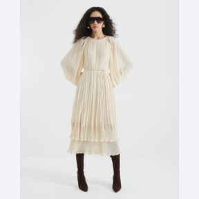 Cream Long Sleeved Pleated Midi Dress