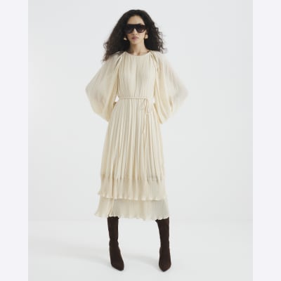 Cream Long Sleeved Pleated Midi Dress