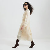 Cream Long Sleeved Pleated Midi Dress
