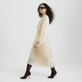 Cream Long Sleeved Pleated Midi Dress