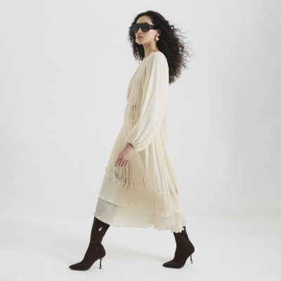 Cream Long Sleeved Pleated Midi Dress