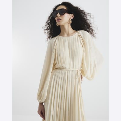 Cream Long Sleeved Pleated Midi Dress