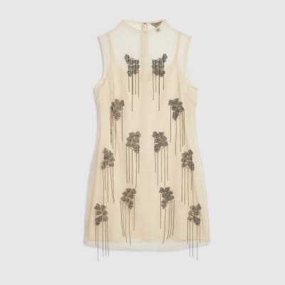 Cream Mesh Embellished Mini Dress