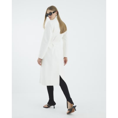 Cream Notch Collar Belted Wrap Coat
