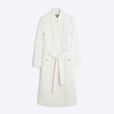 Cream Notch Collar Belted Wrap Coat