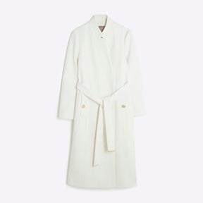 Cream Notch Collar Belted Wrap Coat