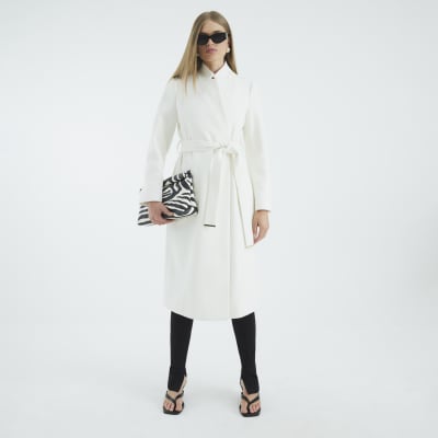 Cream Notch Collar Belted Wrap Coat