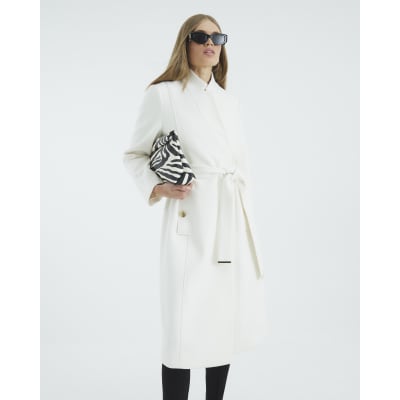 Cream Notch Collar Belted Wrap Coat