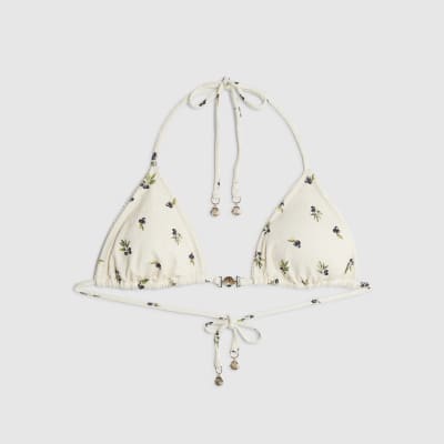 Cream Olive Print Bikini Top