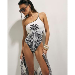 Cream One Shoulder Print Swimsuit