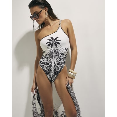Cream One Shoulder Print Swimsuit