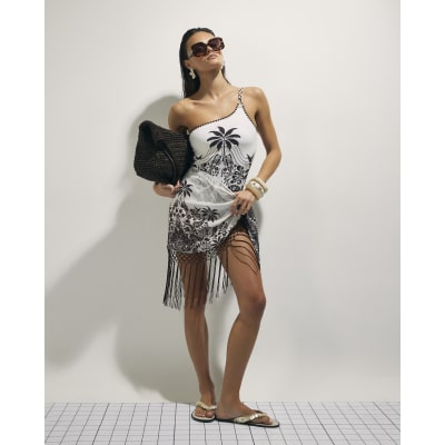 Cream One Shoulder Print Swimsuit