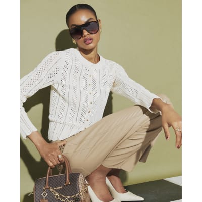 Cream Open Knit Long Sleeve Cardigan