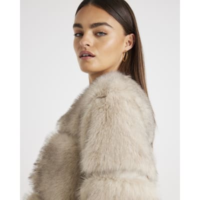 Cream Panelled Faux Fur Coat