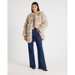 Cream Panelled Faux Fur Coat