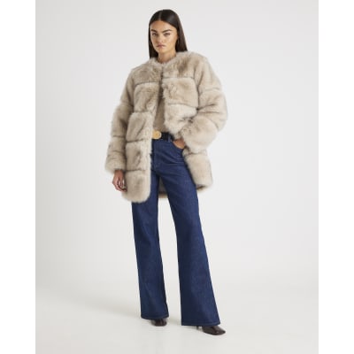 Cream Panelled Faux Fur Coat