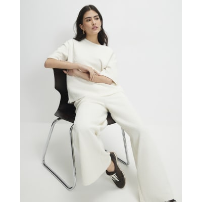 Cream Petite Jacquard Wide Trouser