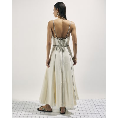 Cream Piped Belted Midi Dress