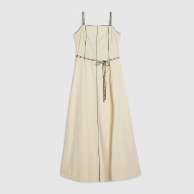 Cream Piped Belted Midi Dress
