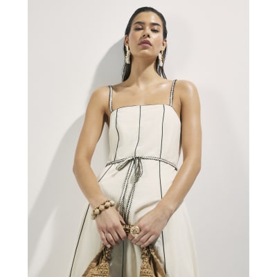 Cream Piped Belted Midi Dress