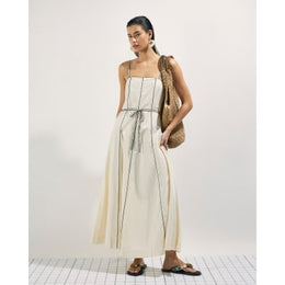 Cream Piped Belted Midi Dress