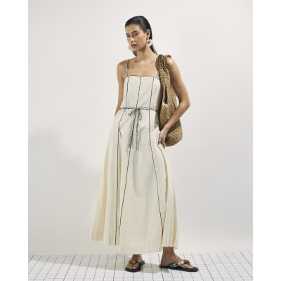 Cream Piped Belted Midi Dress