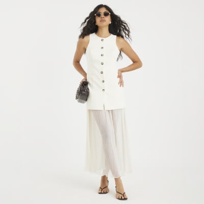 Cream Plisse Sleeveless Waistcoat Maxi Dress