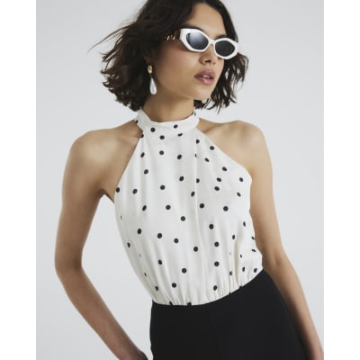 Cream Polka Dot Halter Neck Jumpsuit