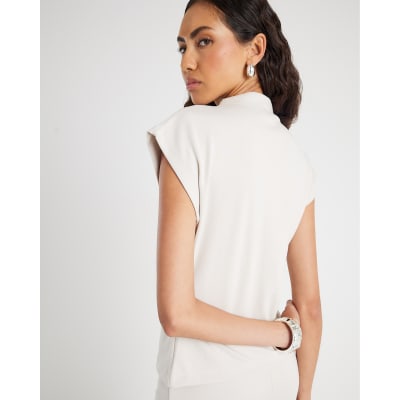 Cream Premium High neck short sleeve Top