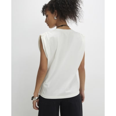 Cream Premium Ruched Shoulder T-shirt