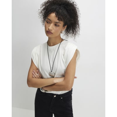Cream Premium Ruched Shoulder T-shirt